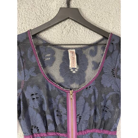 Free People Navy Lace Mini Dress Small Boho Sheer Bell Sleeve Festival Outfit - Picture 6 of 12